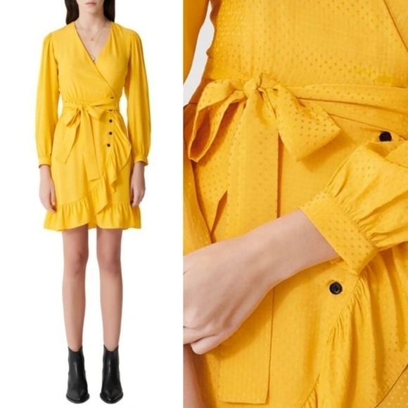New Maje Seya Ruffled Polka-Dot Jacquard Marigold Wrap Dress NWT 10 US=XL/42 FR - Picture 2 of 10